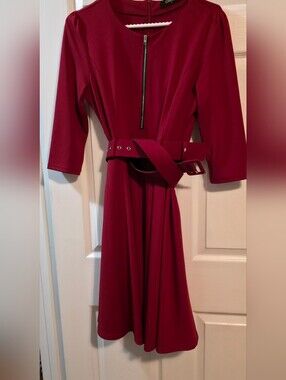 4/$67 Deal! Chicme Cherry-Red Belted Zip-Front Long Sleeve Dress